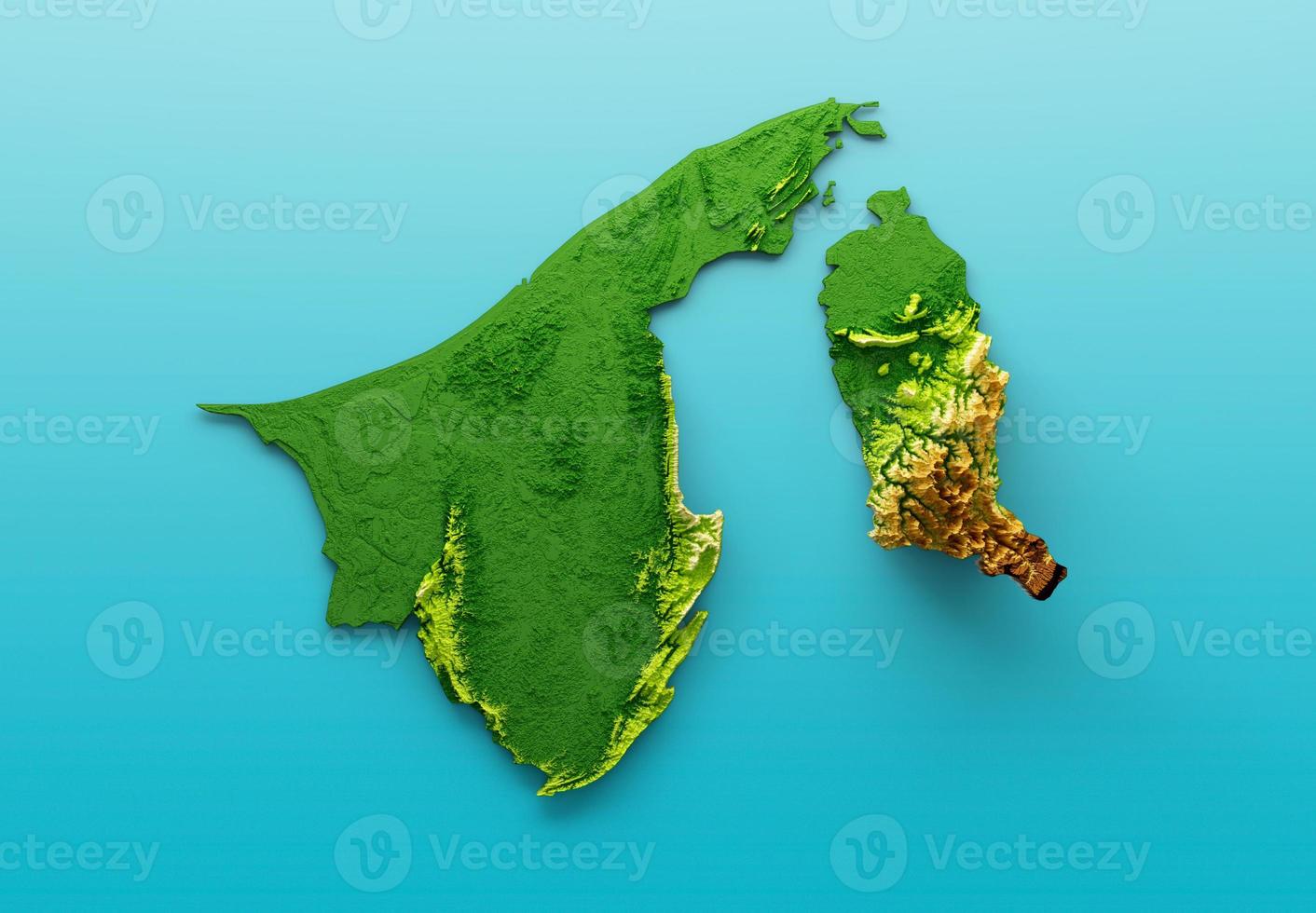 Brunei Darussalam Map Shaded relief Color Height map on the sea Blue Background 3d illustration photo