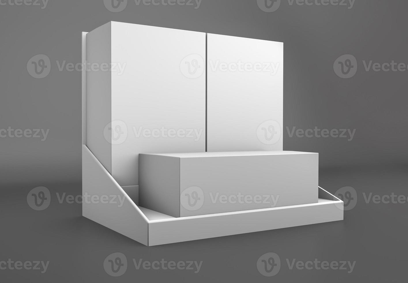 Blank counter top product display for mock up and branding Display Cardboard Gondola Shelf. Mockup, Mock Up, Template. On White Background Isolated. 3D Illustration photo