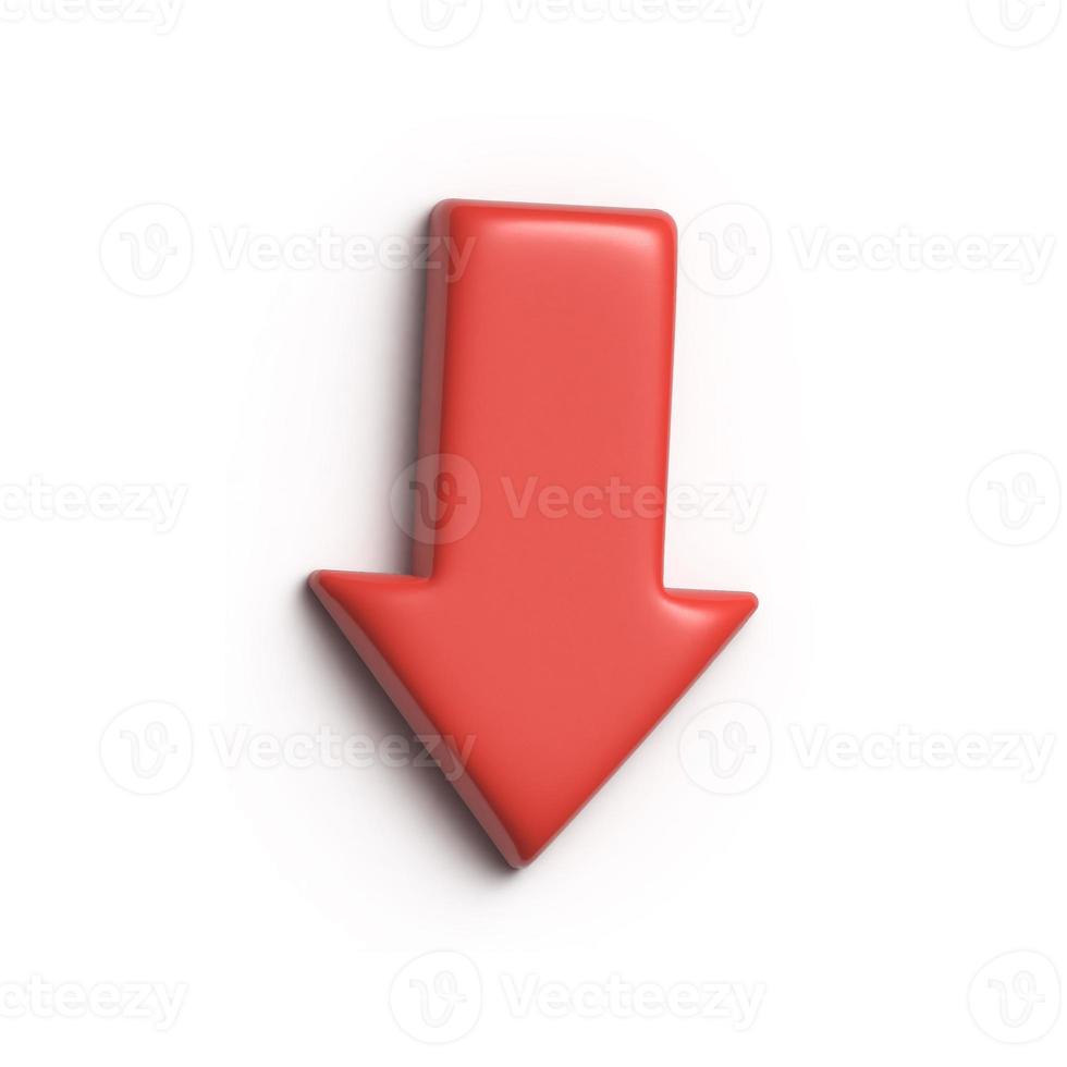 Red down arrow isolated on white background with shadow. Fall and decline concept. 3D render illustration. photo