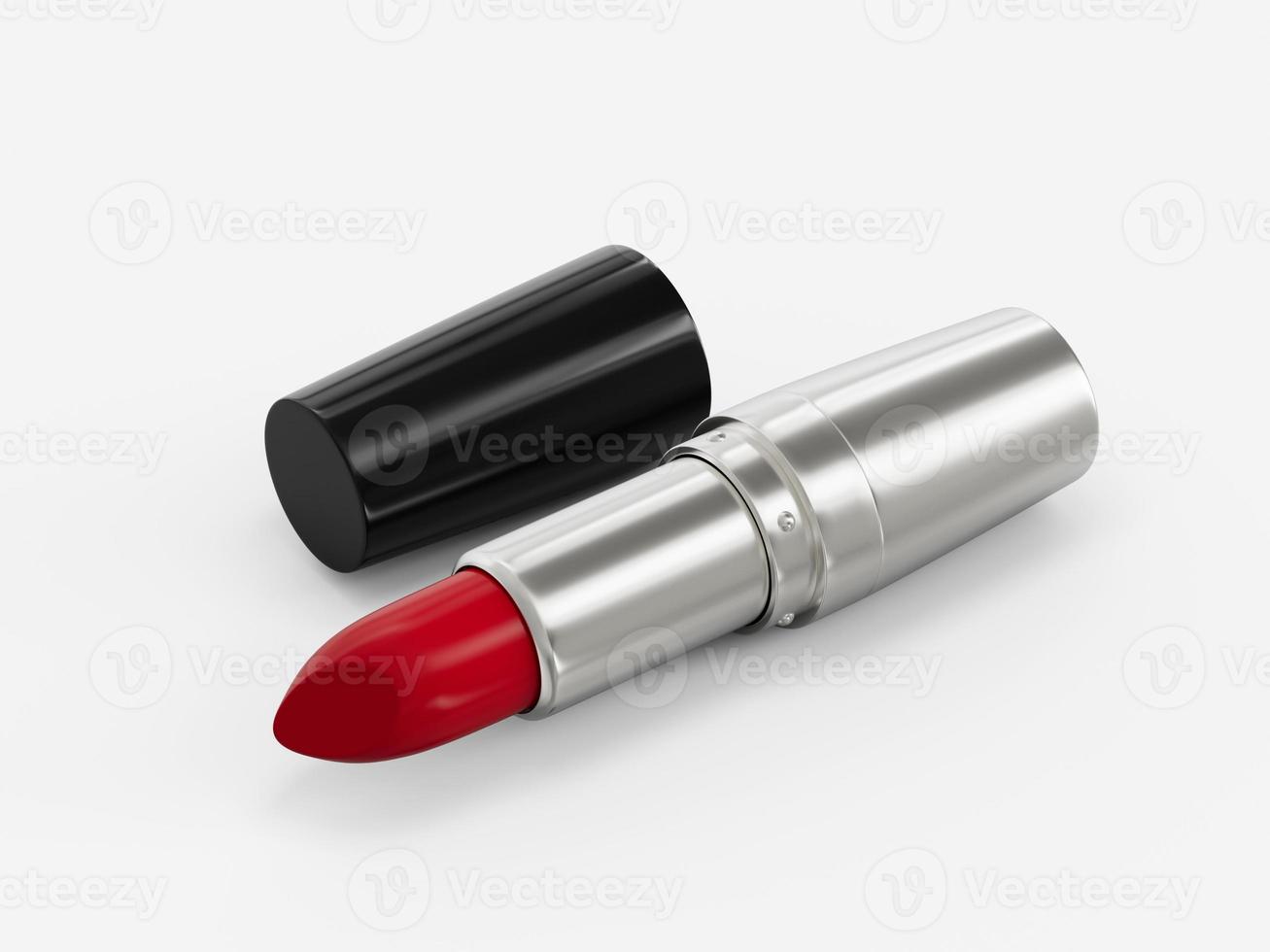 Shiny red lipstick isolated on clean white background with soft shadow, black and silver casing 3d illustration photo