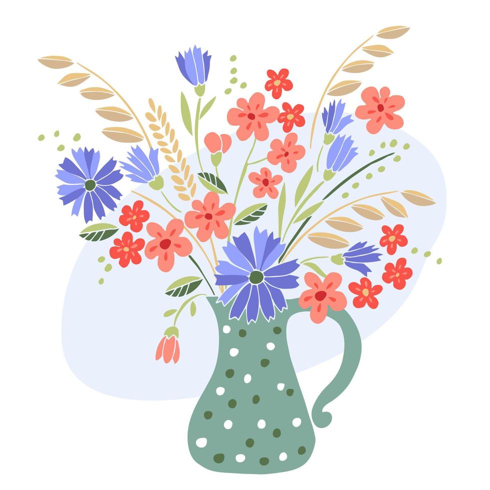 Bouquet of wildflowers, cornflowers, blades of grass and spikelets in a vase vector