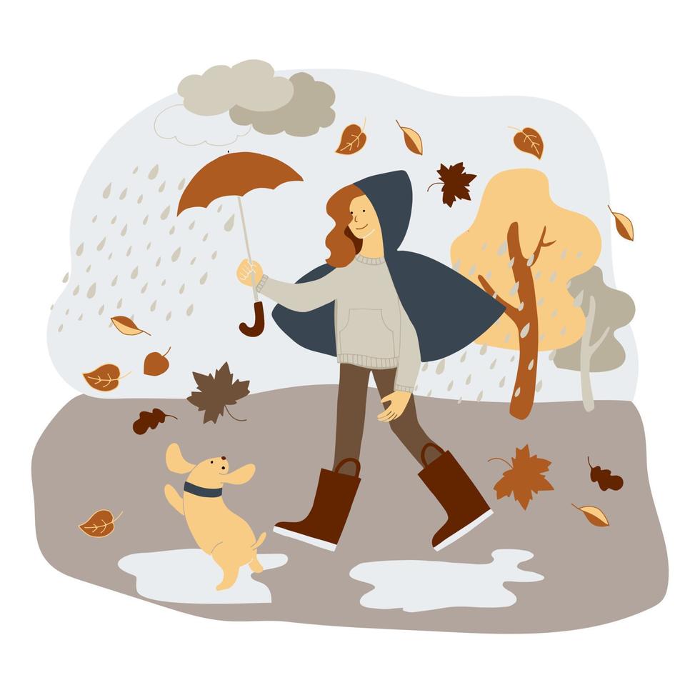 A girl in a raincoat and rubber boots walks in the rain under an umbrella with a puppy in the fall in the park vector