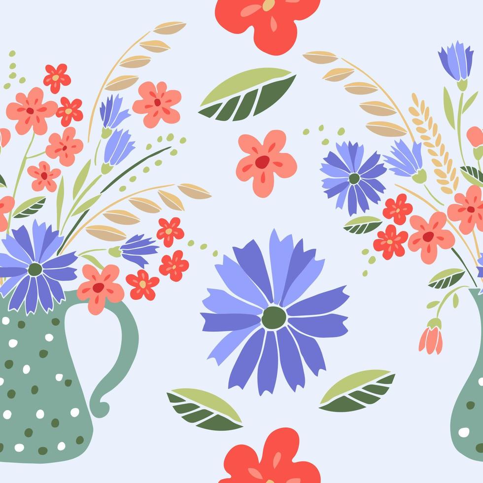 Bouquet of wildflowers, cornflowers, blades of grass and spikelets in polka dot vase seamless pattern vector