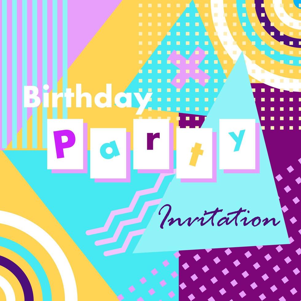 Abstract background in memphis style square birthday party invitation card vector