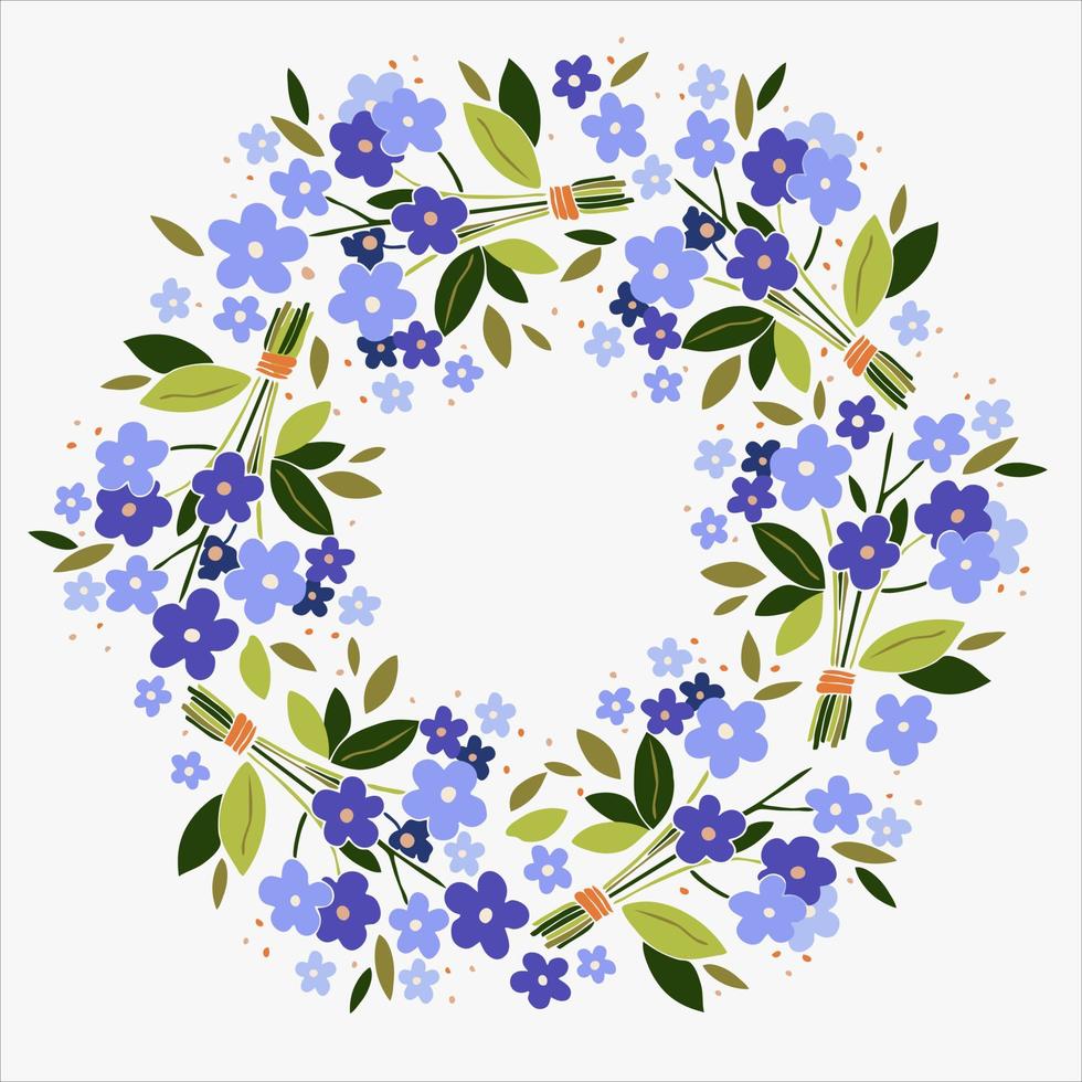Wreath of forget me not flowers and leaves in a rustic style card vector