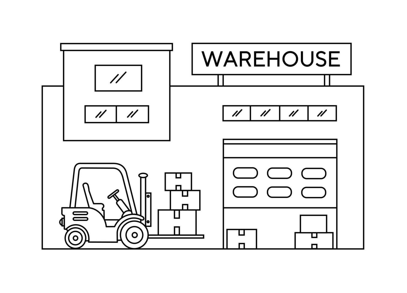 Warehouse building. The loader carries the goods to the warehouse. Logistics and delivery. Storage room. Linear vector illustration, icon.