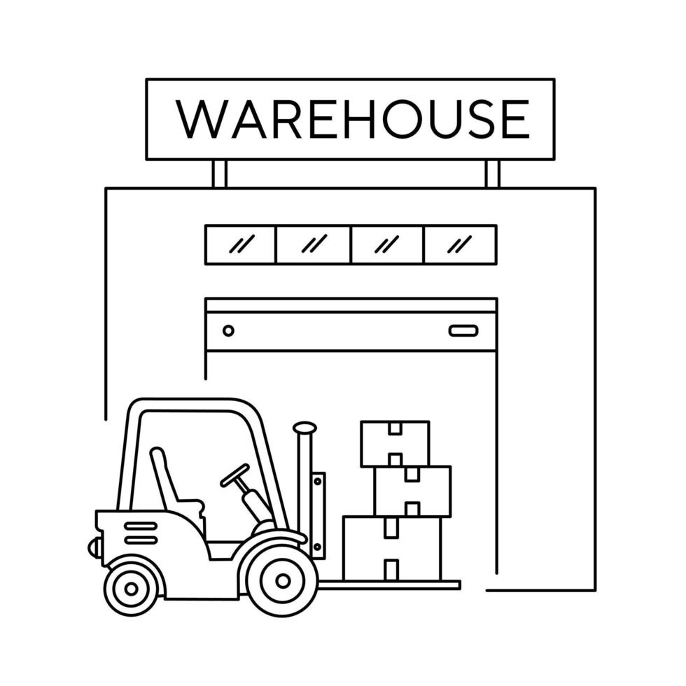 Warehouse building. The loader carries the goods to the warehouse. Logistics and delivery. Linear vector illustration, icon.