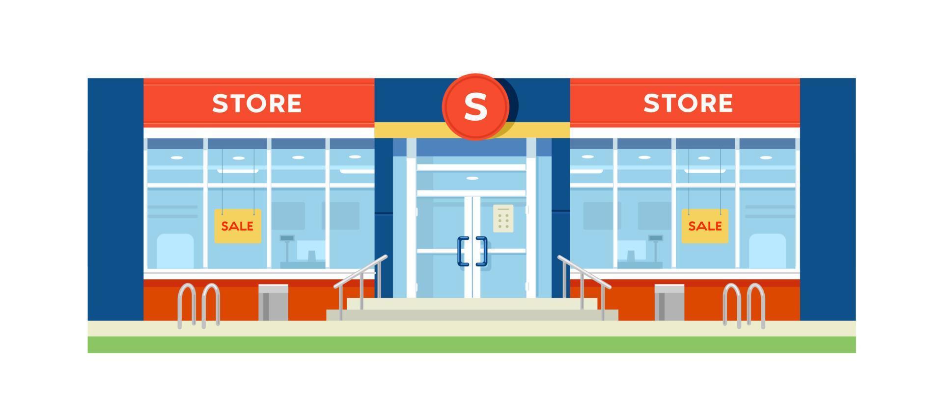 Shop and supermarket building. Big store. Exterior. Flat vector illustration isolated on white background