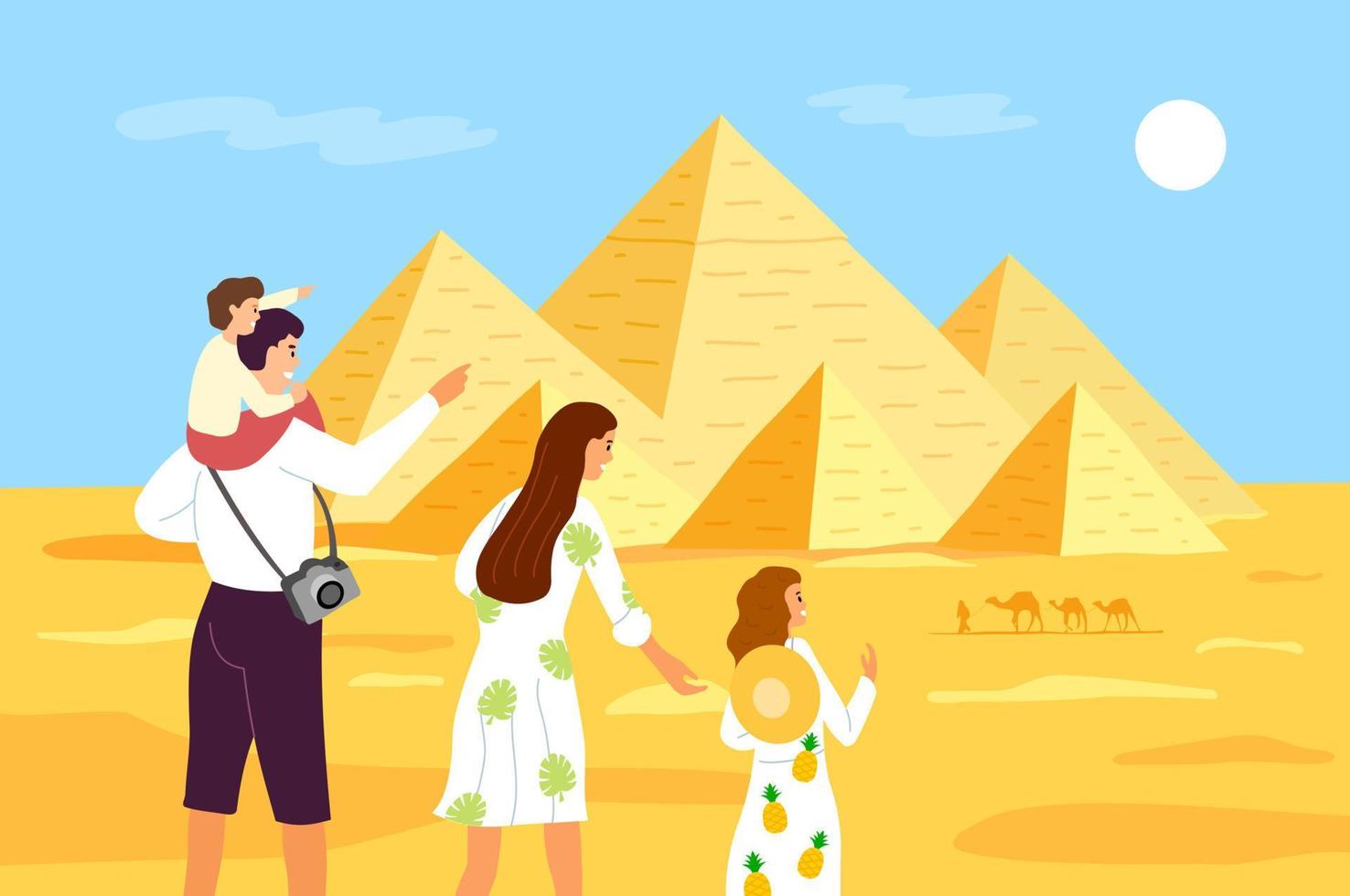 Pyramids of Egypt. A family of tourists looks at the Egyptian pyramids. Pyramid of Cheops in Cairo, Giza. Egyptian stone structures. Vector illustration