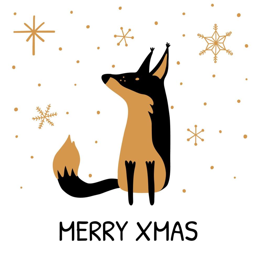 Greeting card with hand drawn cute Fox and inscription Merry Xmas. Vector illustration