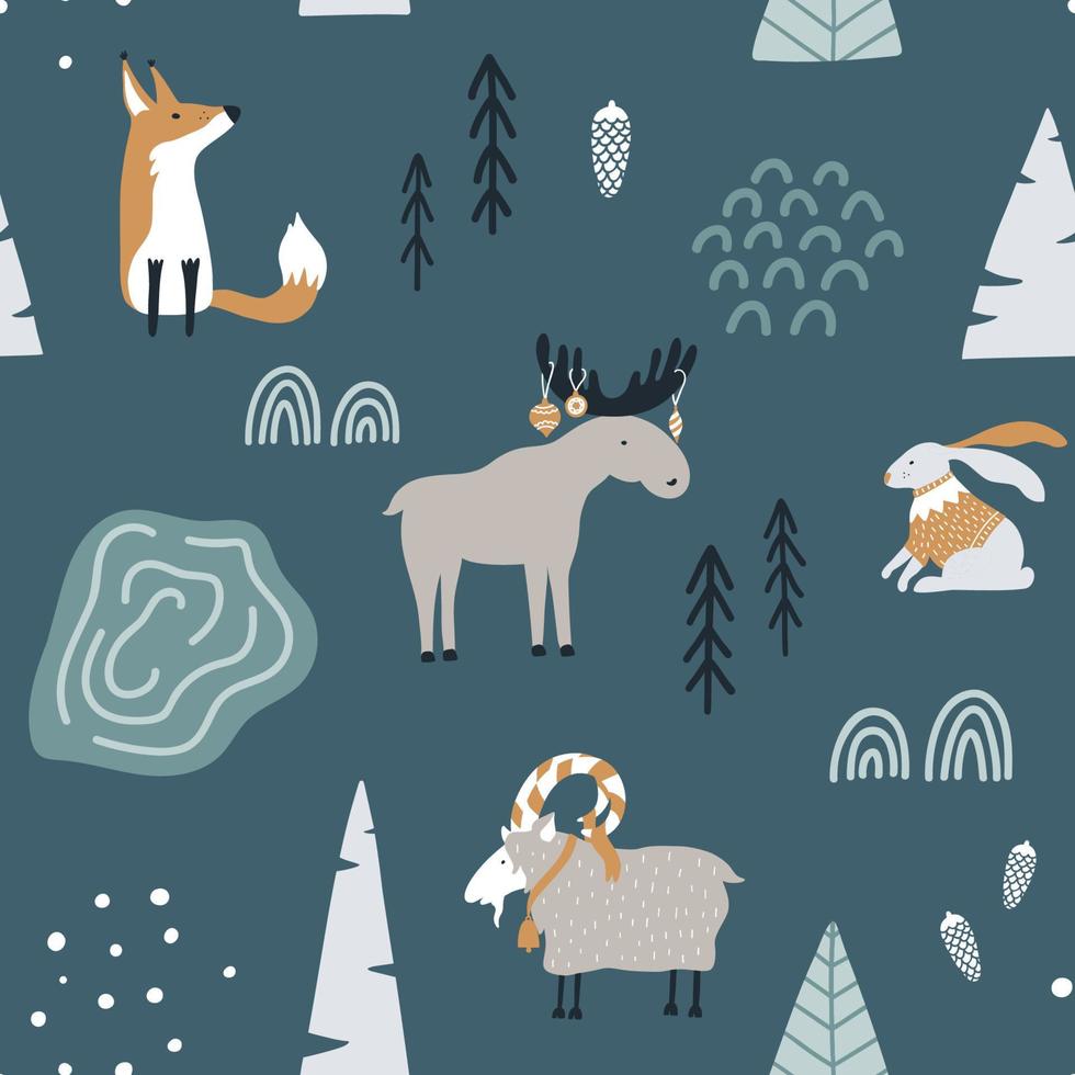 Hand drawn seamless pattern with fox, goat, elk and rabbit in forest. Scandinavian christmas design. Good for fabric, textile. Vector wallpaper.