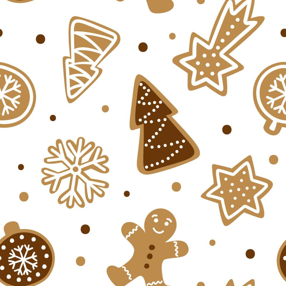 Hand drawn seamless pattern with traditional Christmas cookie. Cute gingerbread repeating wallpaper. Vector design fo winter season.