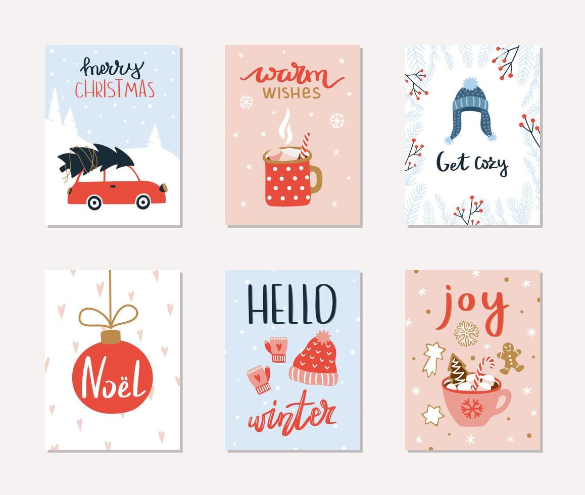 Set of 6 Merry Christmas and Happy New Year gift cards. Collection of hand drawn holiday posters with cozy christmas illustrations and lettering. Vector design template.