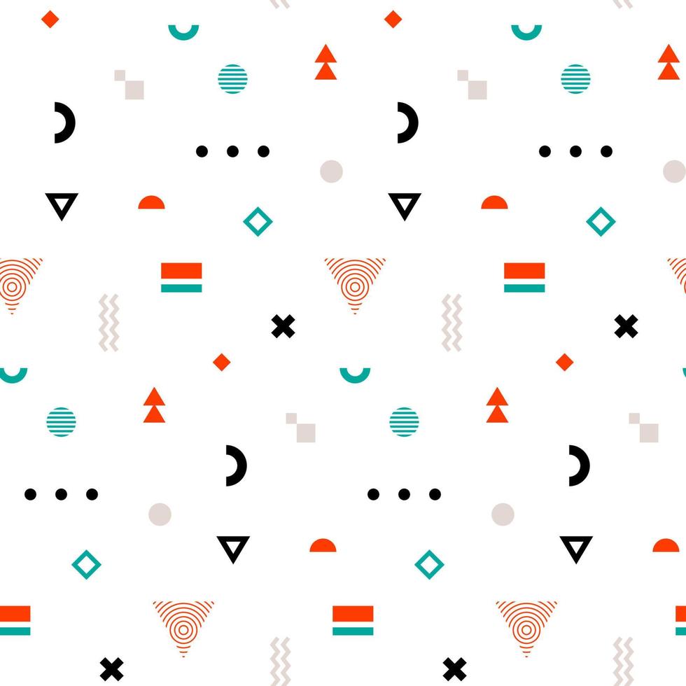 Trandy Memphis seamless pattern. Repetitive print with different geometric shapes. Vector wallpaper.