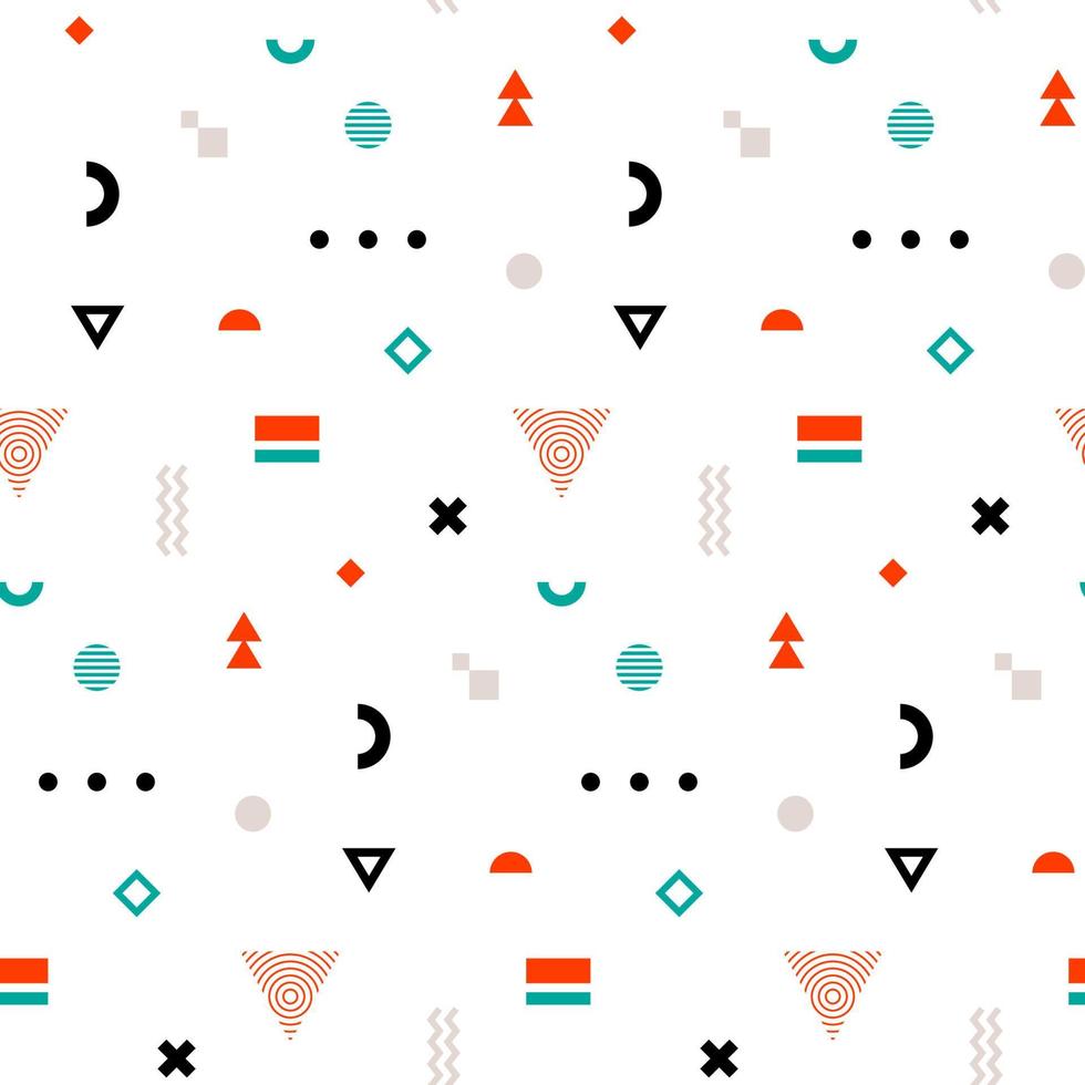 Trandy Memphis seamless pattern. Repetitive print with different geometric shapes. Vector wallpaper.