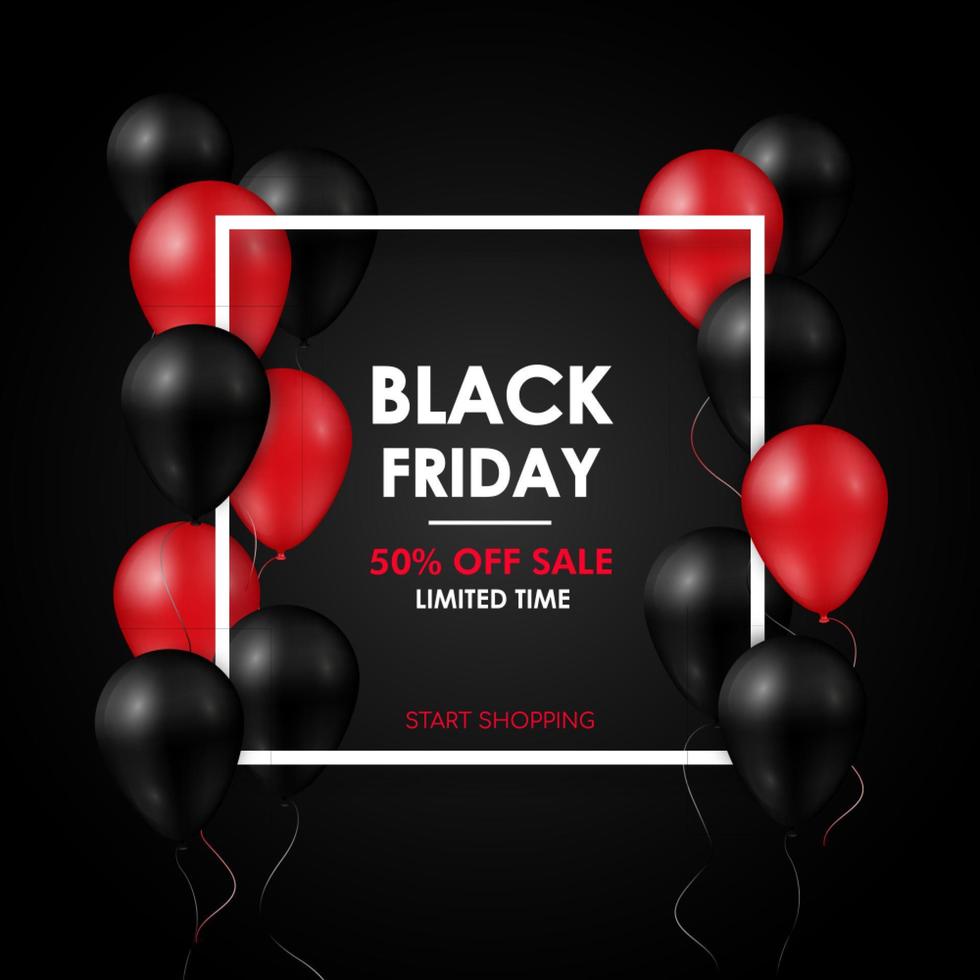 Black friday Sale banner. Shiny black and red balloons on black background. Vector design template.