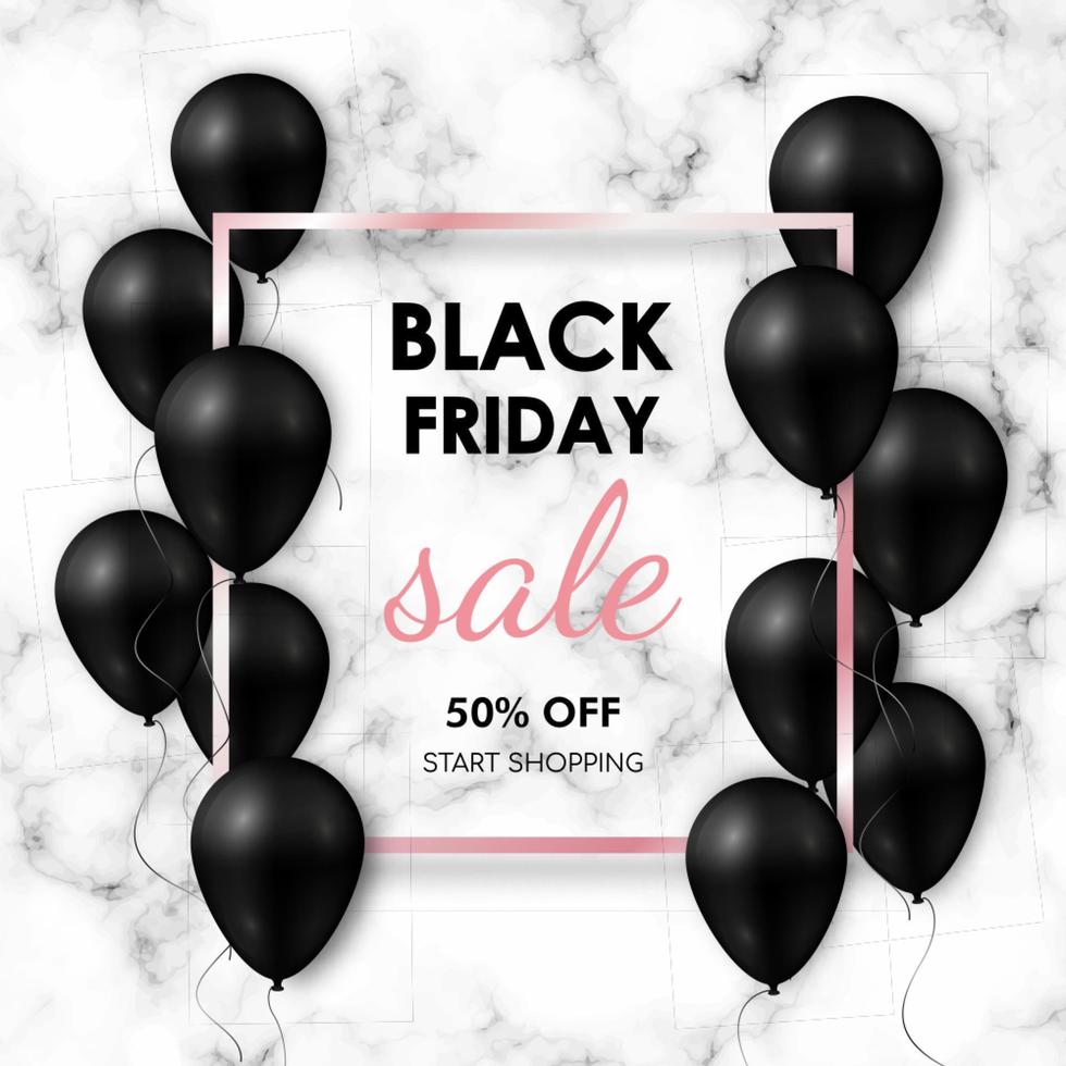 Black friday Sale banner. Shiny black balloons on marble background with rose gold frame. Vector design template.