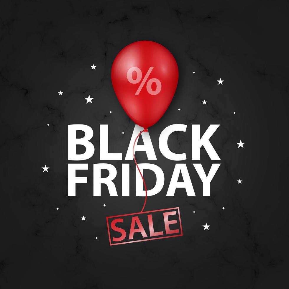 Black Friday Sale banner with shiny red balloon on black marble background. Vector illustration.