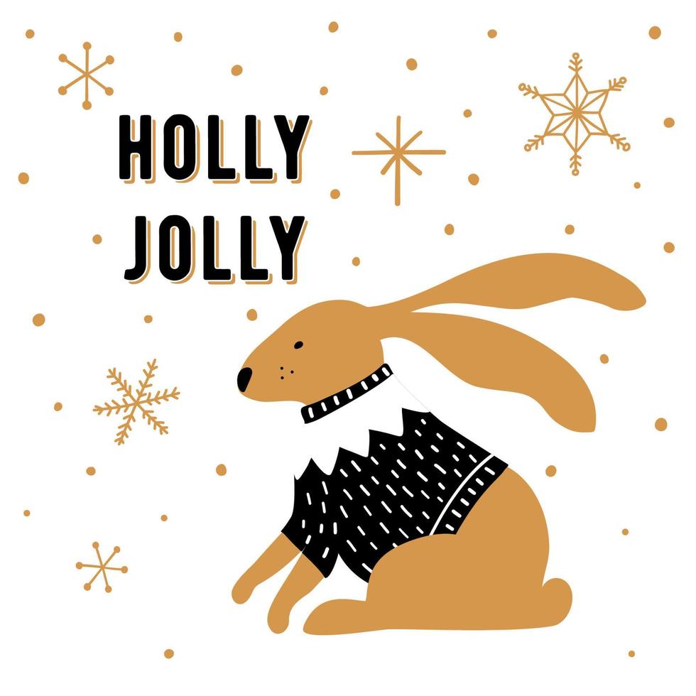Scandinavian style Christmas greeting card. Cute hand drawn rabbit and phrase Holly Jolly. Vector illustration.