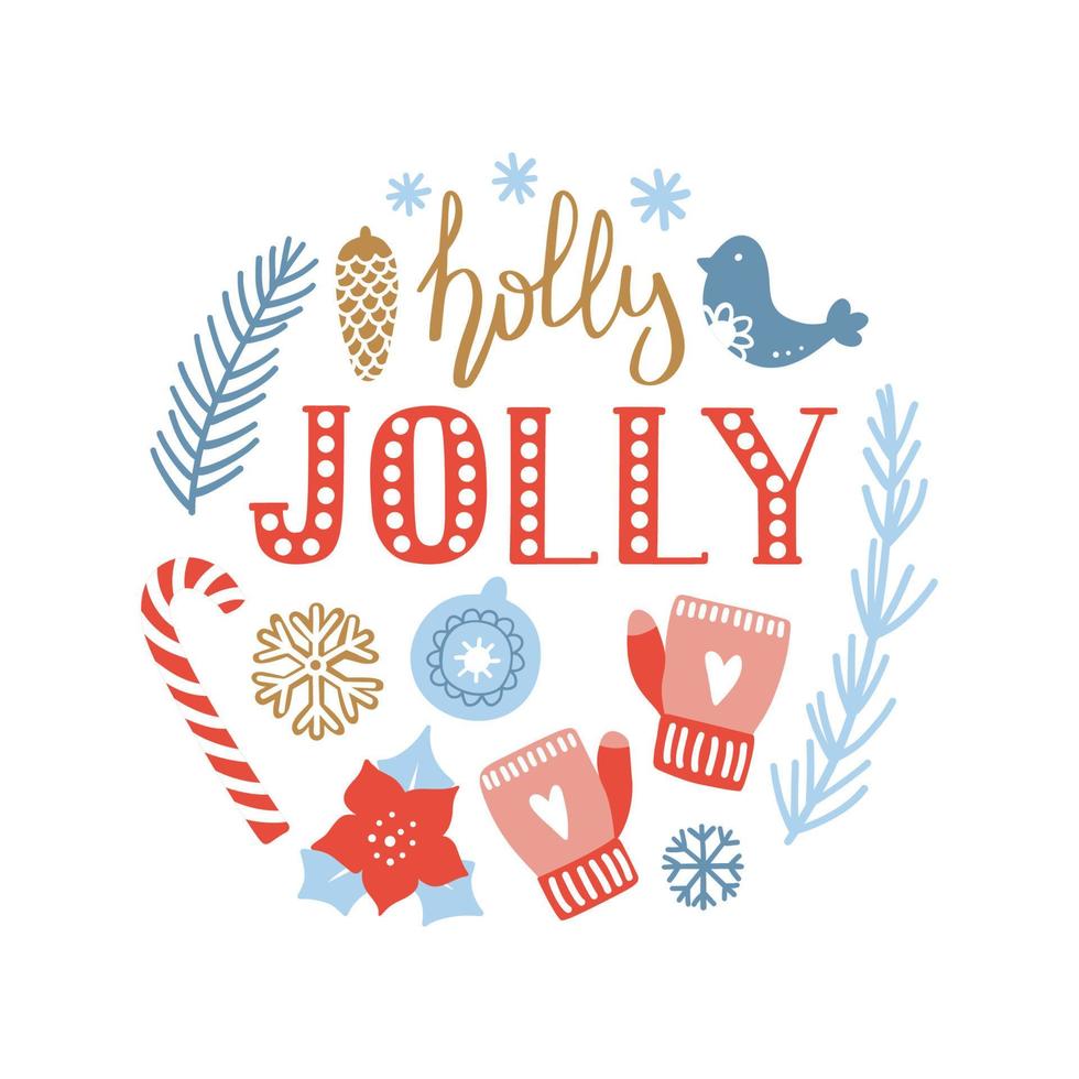 feliz navidad y feliz año nuevo tarjeta de felicitación dibujada a mano. lindo cartel con letras holly jolly y elementos decorativos. ilustración vectorial vector