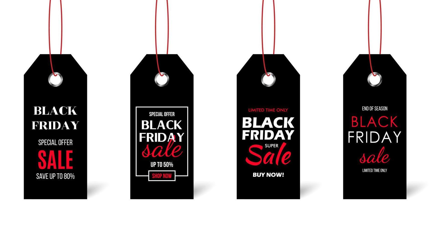 Conjunto de etiqueta de precio de viernes negro aislado sobre fondo blanco. etiquetas negras con texto de venta. plantilla de diseño vectorial. vector