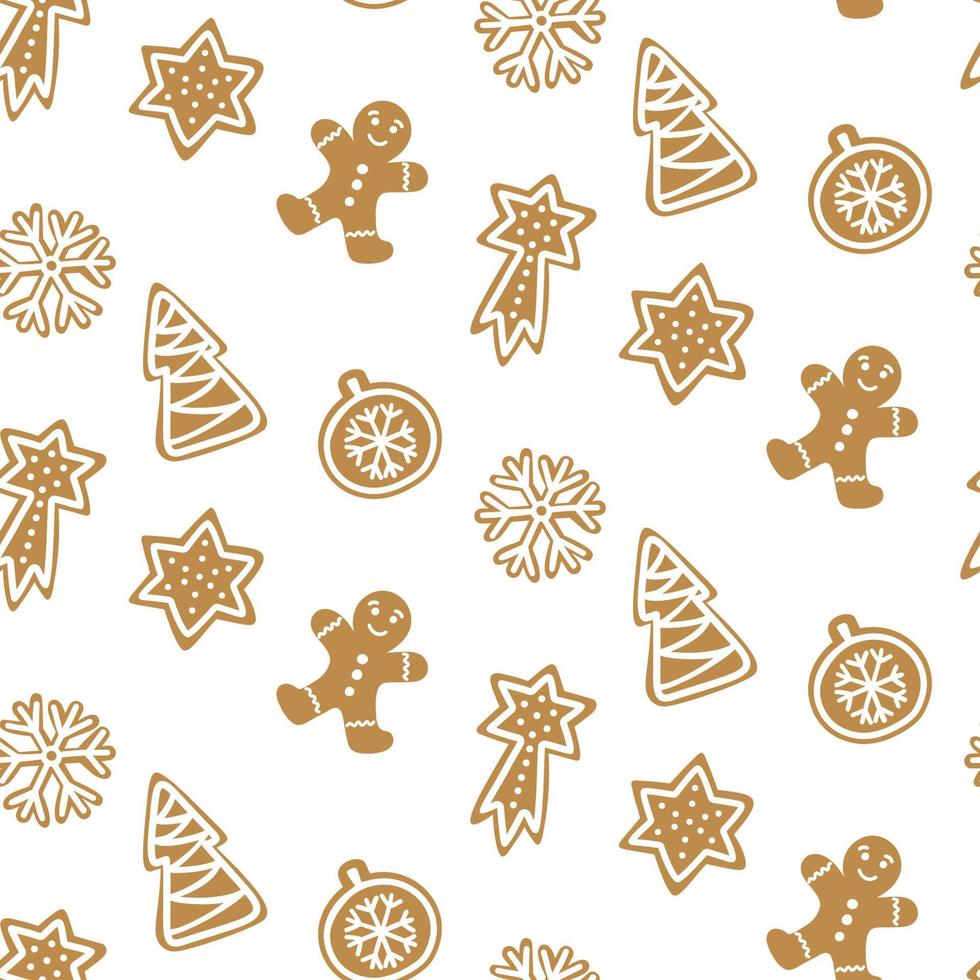 lindo patrón sin costuras dibujado a mano con galleta. pan de jengibre sobre fondo blanco papel tapiz repetitivo. diseño vectorial para la temporada navideña. vector