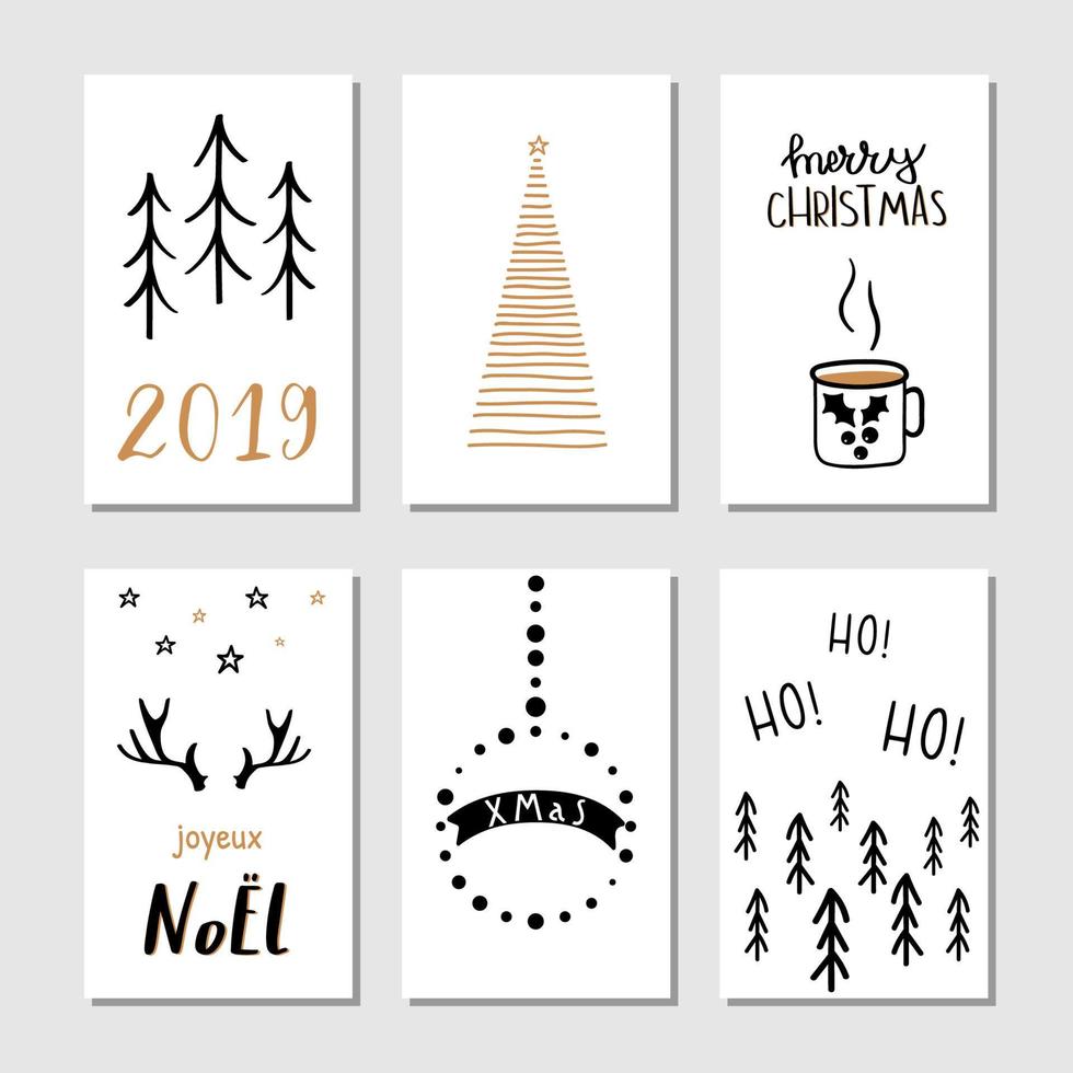 Christmas hand drawn greeting cards with Christmas trees, deer, snowflakes, cacao cup, balls and lettering. Vector illustration.