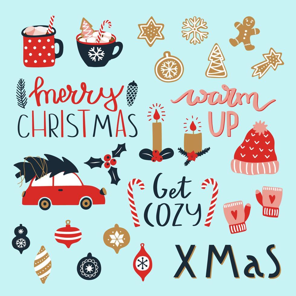 Set of Merry Christmas and Happy New Year elements. Cozy winter season.Vector illustration with christmas tree, lettering, car, toys, gingerbread, cup of hot chocolate, winter wool hat and mittens. vector