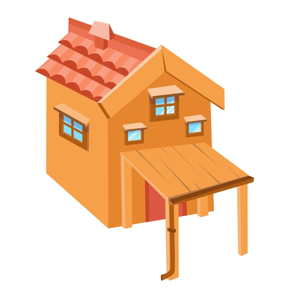 Wooden cottage with roof and canopy in cartoon style. Building for games and design. Vector color illustration.