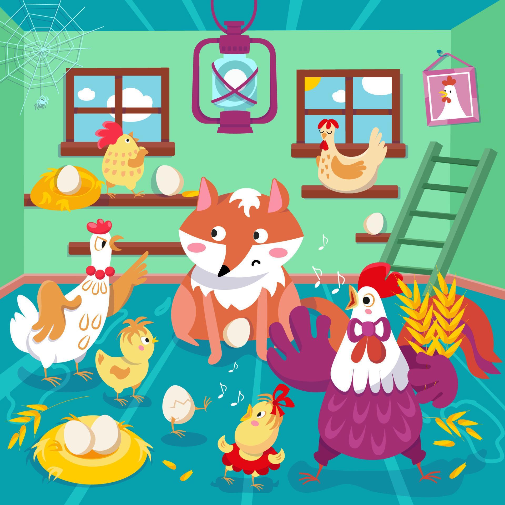 Funny family of rooster and hen with fox in chicken coop. Vector color