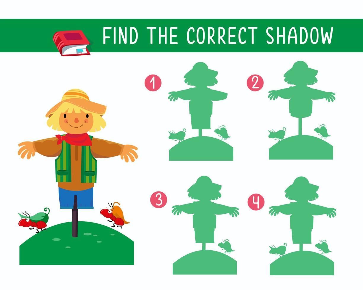 Find correct shadow. Game for children. Vector illustration. Cute cheerful scarecrow stands in field among insects.