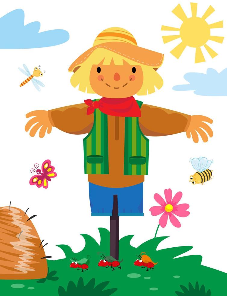 Cute cheerful scarecrow stands in field among flowers and insects. Vector color illustration. Picture for design of posters, games.