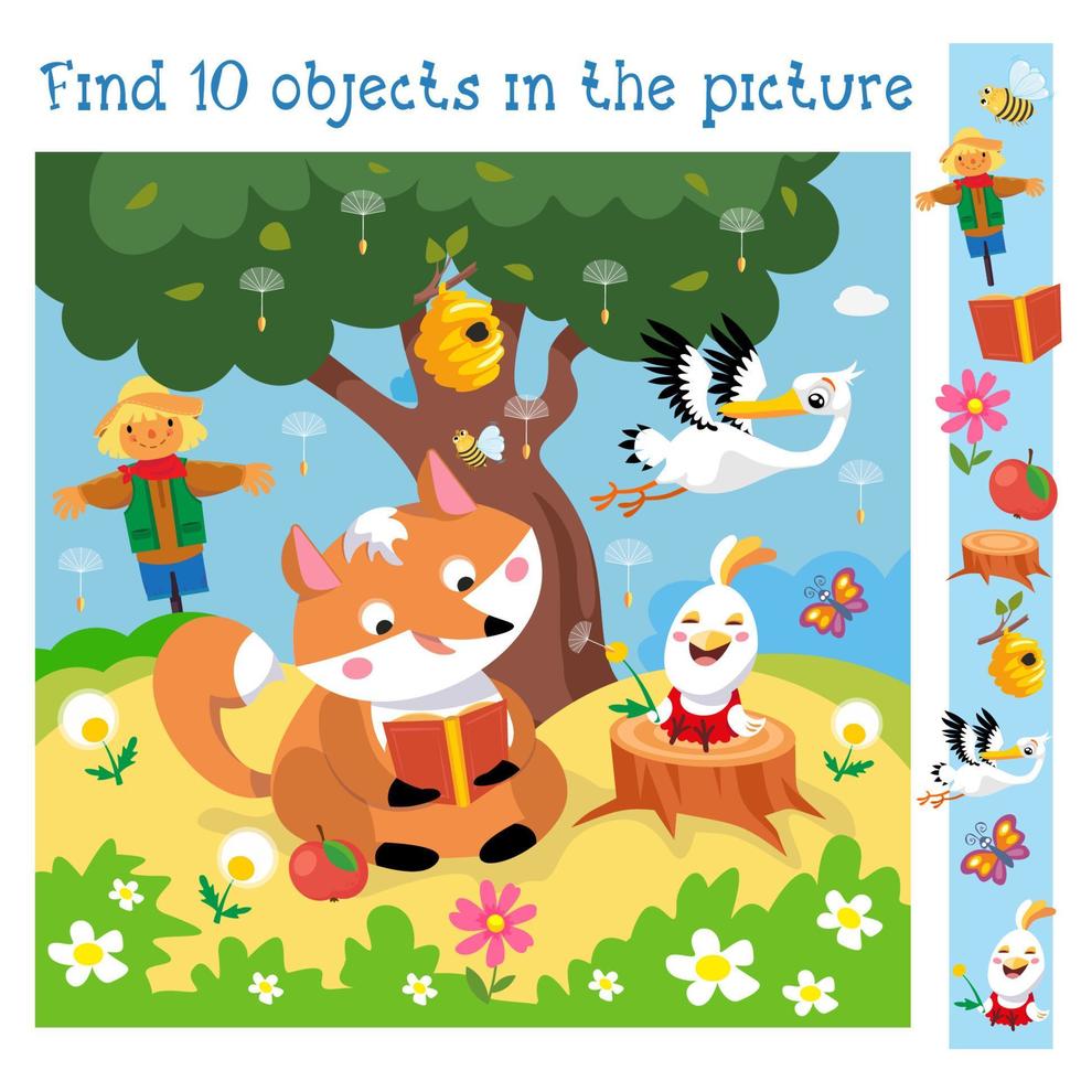 Find 10 hidden objects. Educational game for children. Fox read book, chicken blow on dandelion. Vector color illustration.