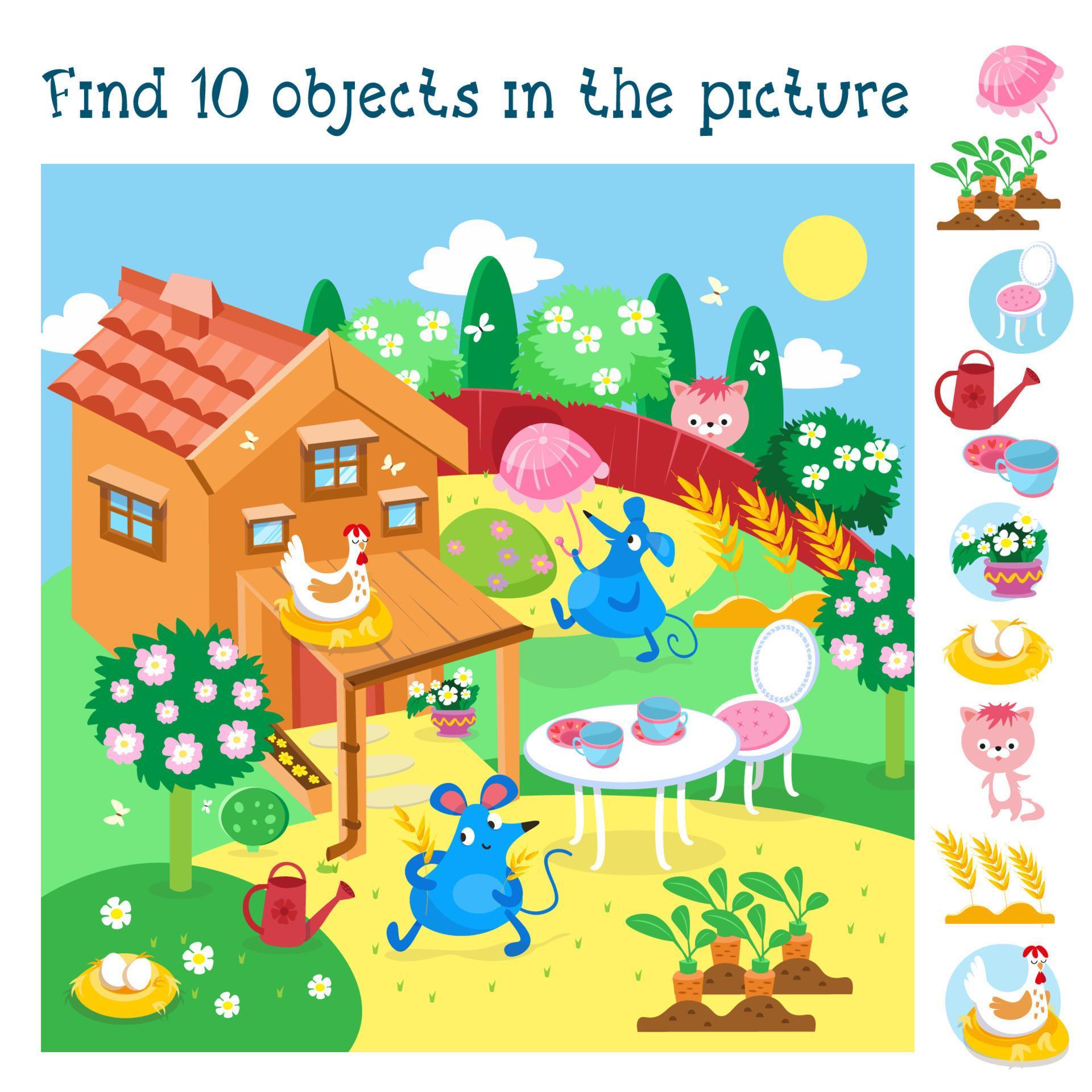 Find 10 hidden objects. Educational game for children. Cute mice near ...