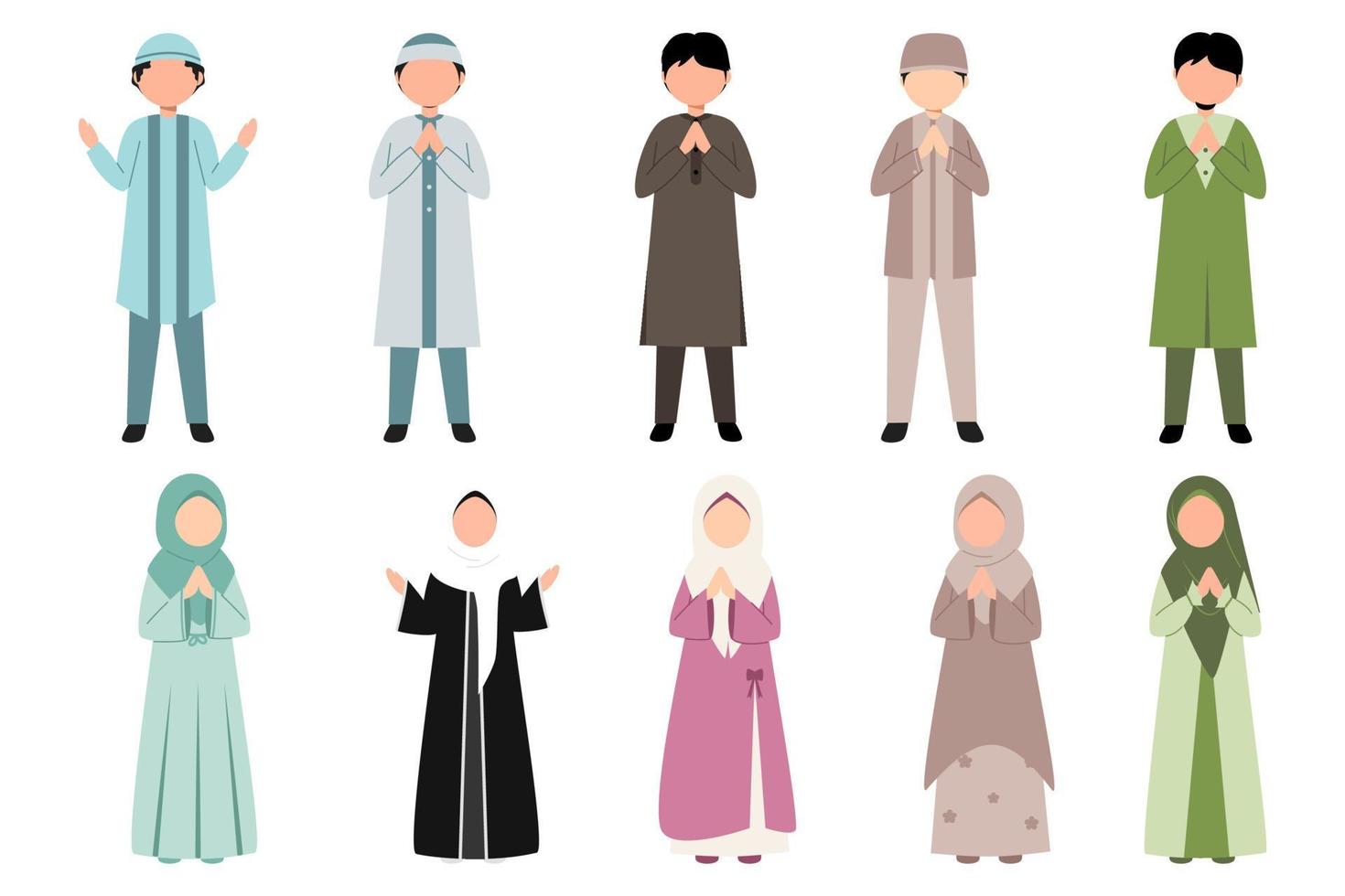 conjunto de musulmanes dicen saludos eid vector