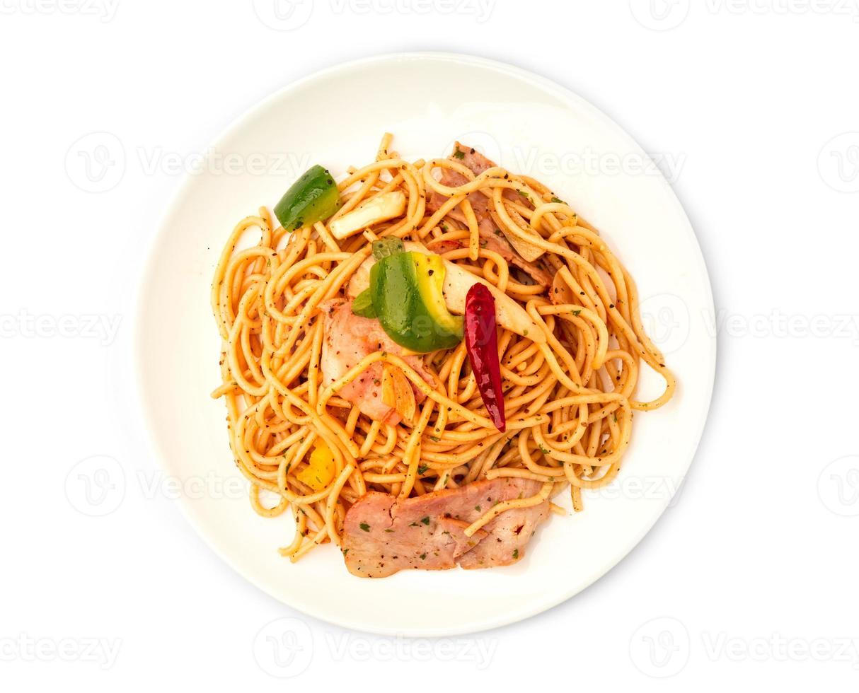 Pasta Carbonara. Spaghetti with bacon on white background photo