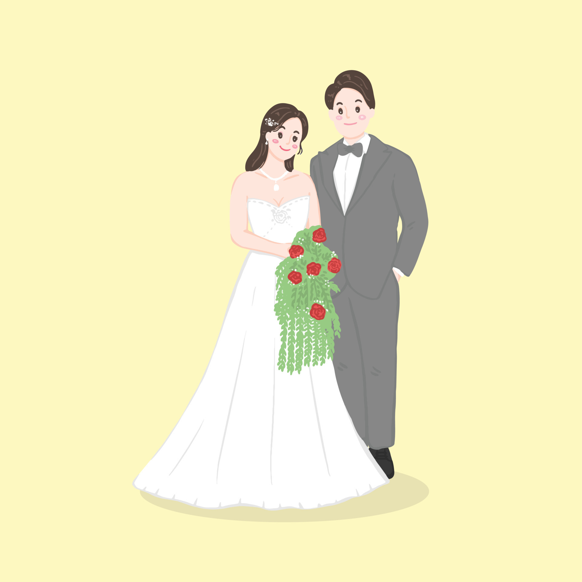 Bride in white dress and Groom suit holding flower wedding ceremony  invitation card vector couple characters on soft yellow background. 8900555  Vector Art at Vecteezy