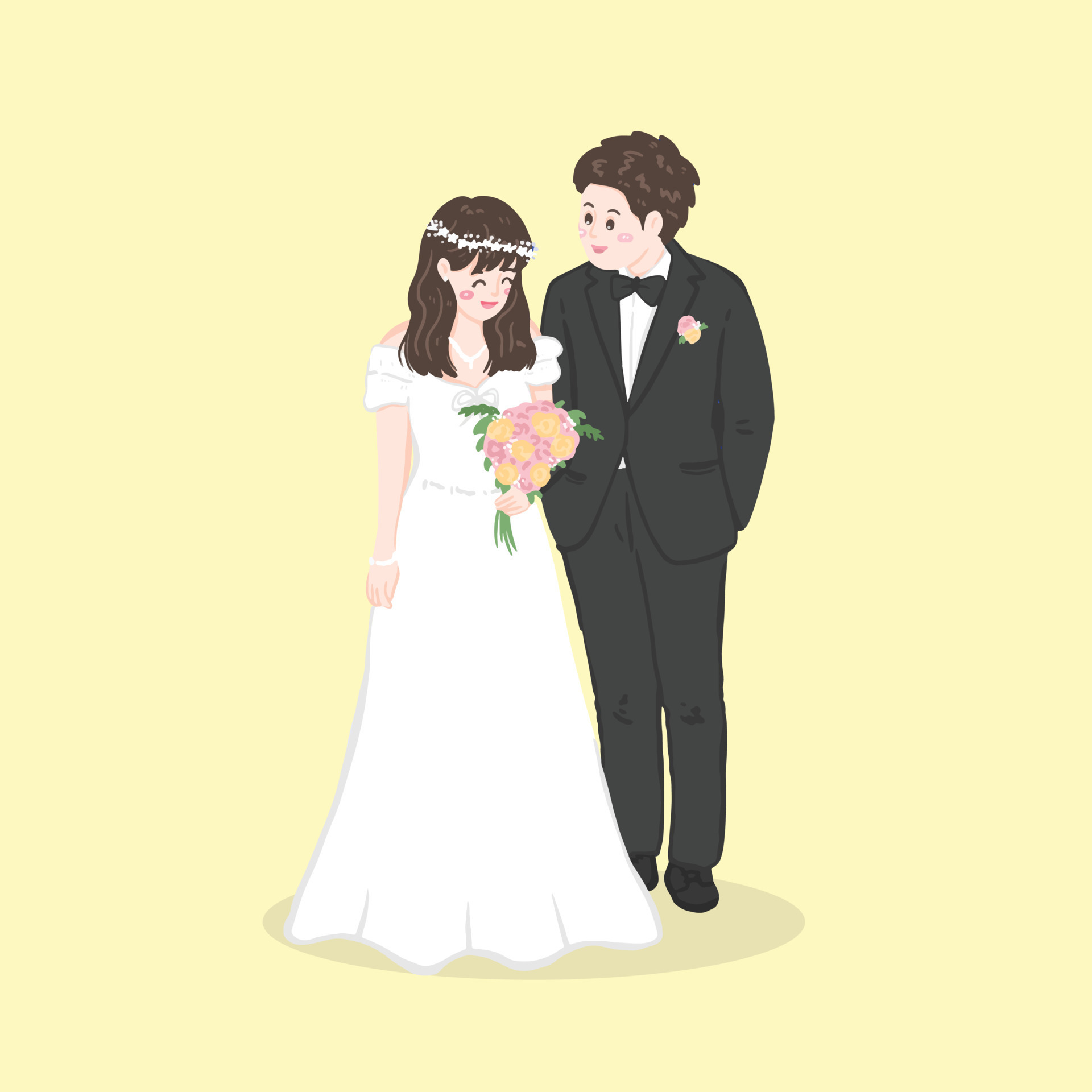 Bride in white dress and Groom suit holding flower wedding ceremony  invitation card vector couple characters on soft yellow background. 8900556  Vector Art at Vecteezy