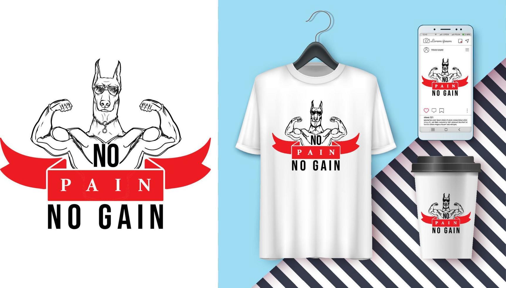 No Pain No Gain, banner, fitness motivation, vector background, bodybuilding gym dog illustration vector