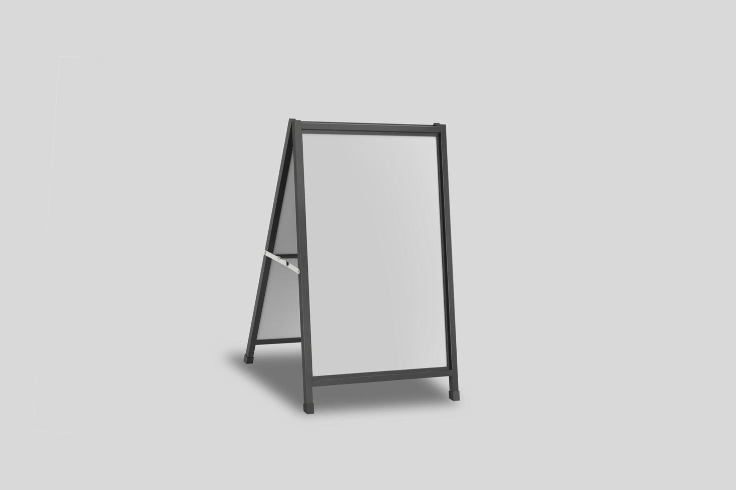 Empty blank outdoor A frame sign isolated on a grey background. Information signage board in front of the cafes and restaurants. Advertisement promotion outdoor A frame signboard. 3d rendering. photo