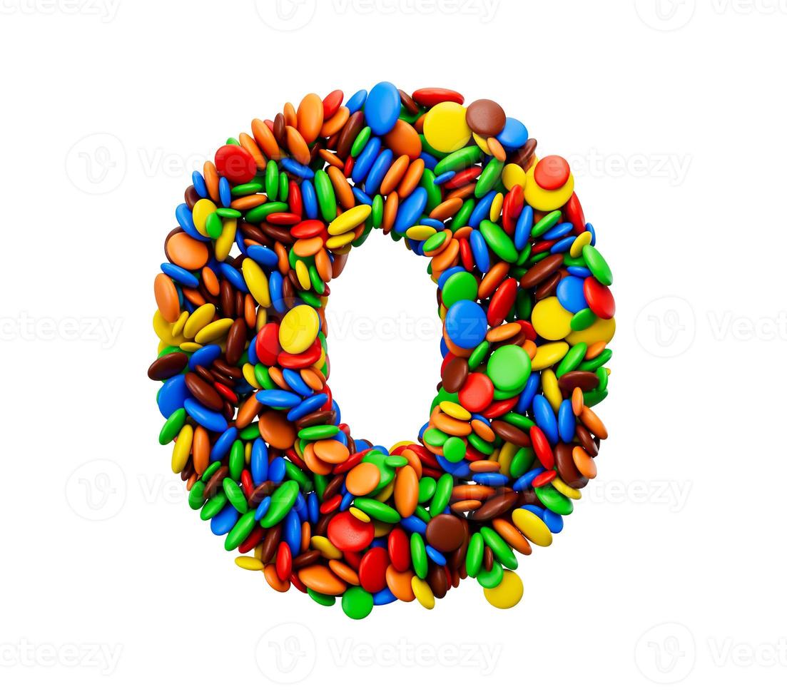 Digit 0 of multicolored rainbow candies Festive isolated on white background Zero Letter 3d illustration photo