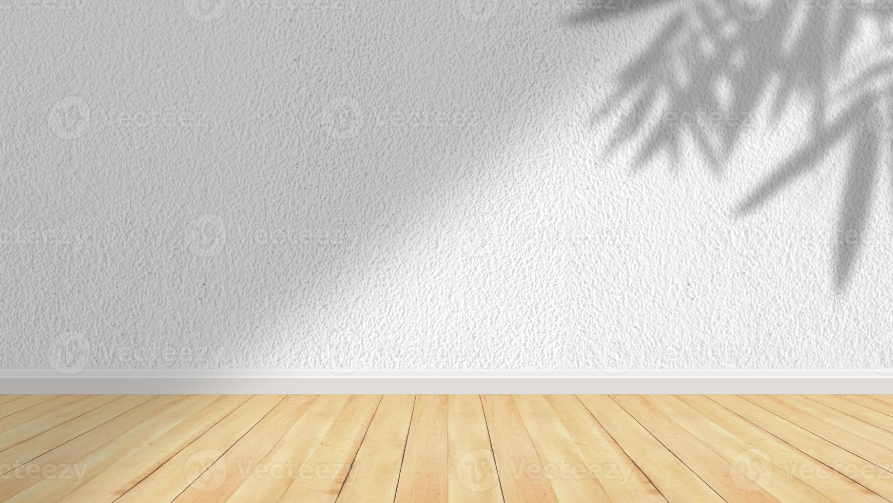 Concept of leaf shadow and light on gray cement wall and wooden floor. photo