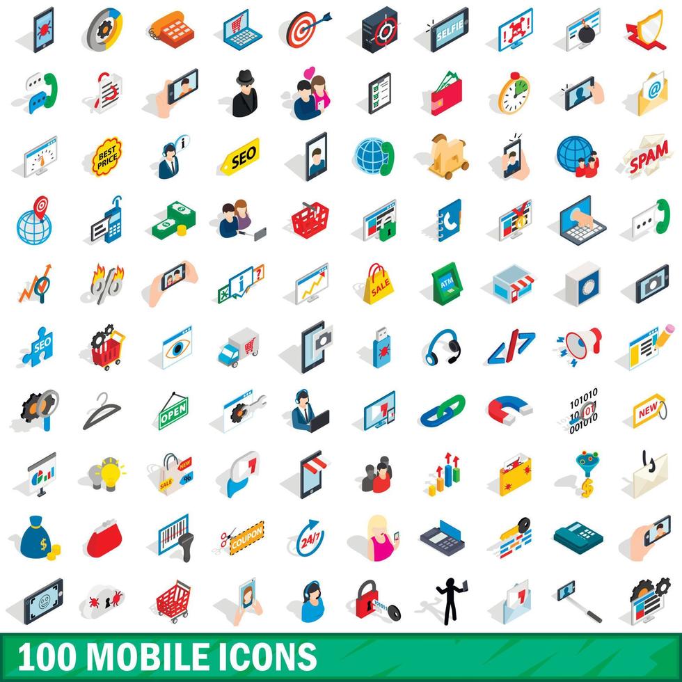 100 iconos móviles establecidos, estilo 3D isométrico vector