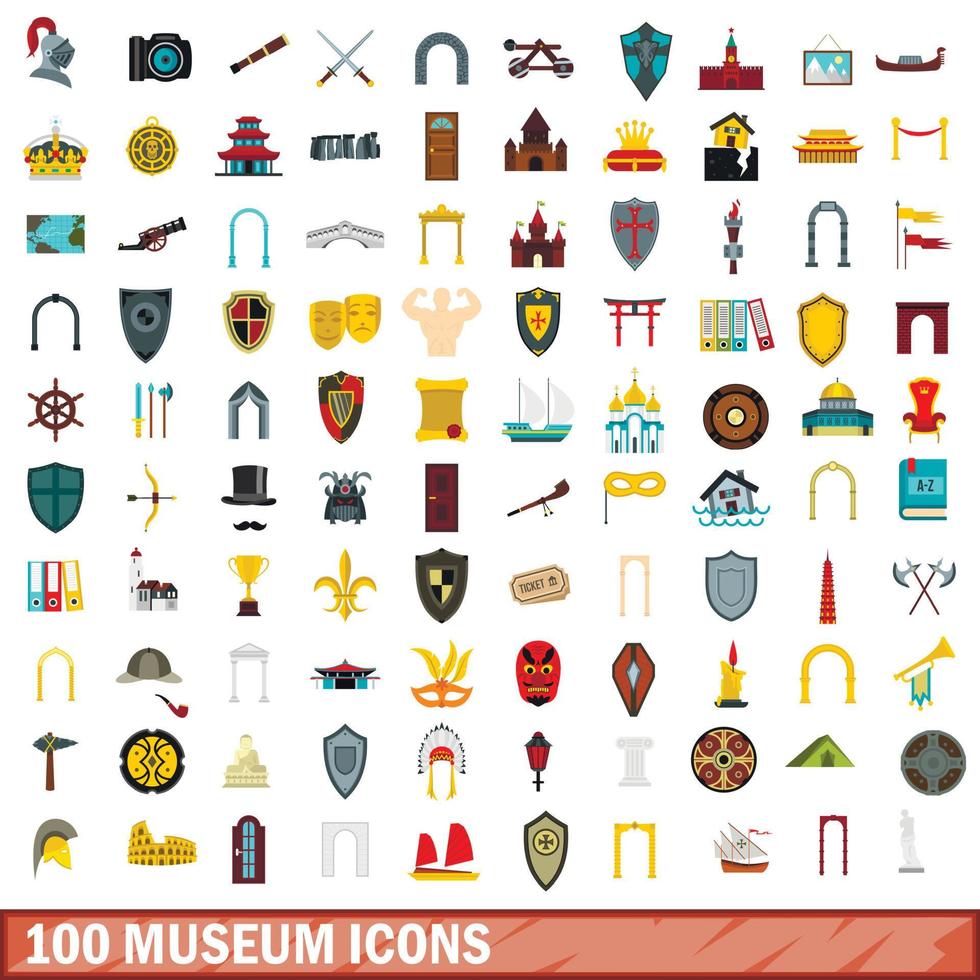 100 museum icons set, flat style vector