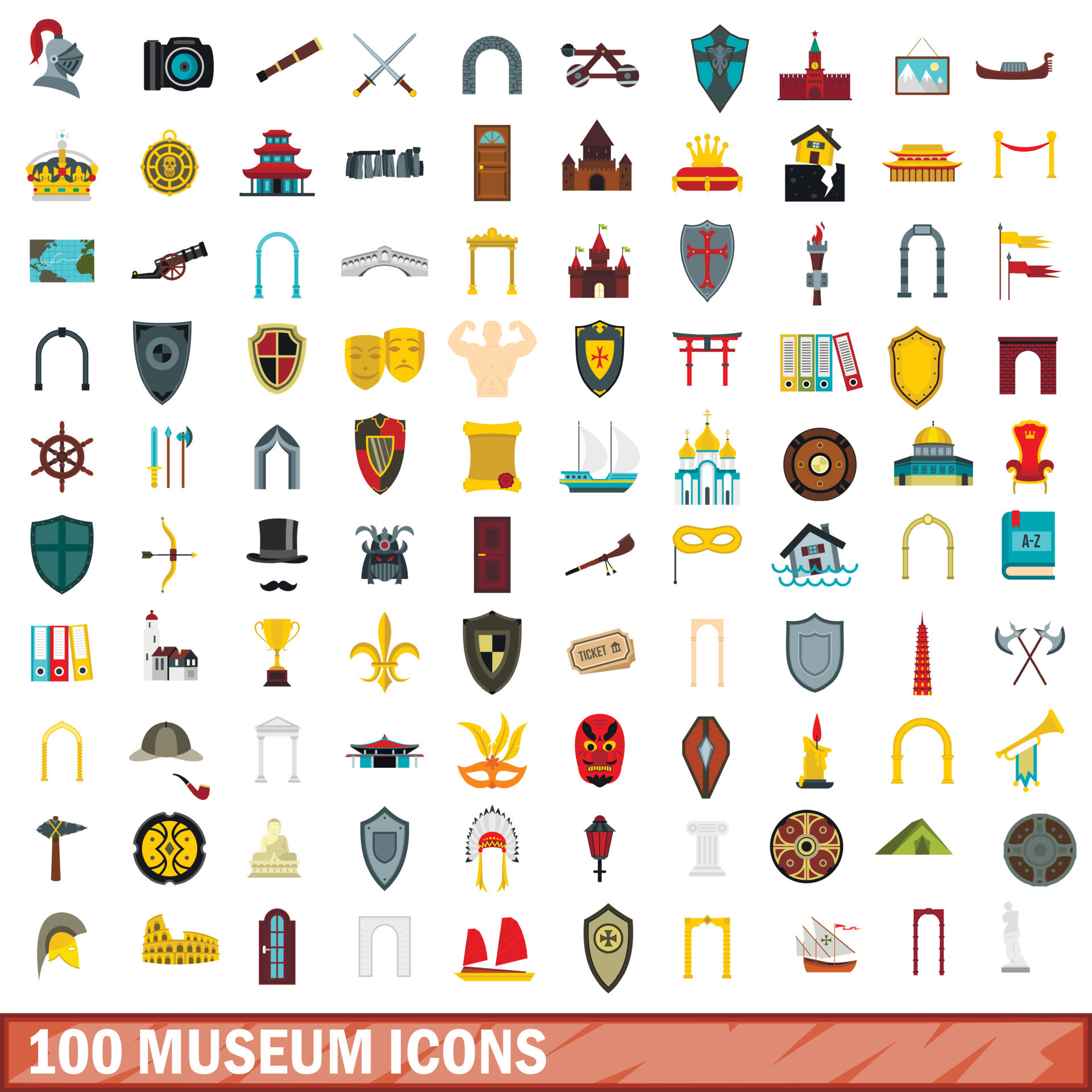 100 museum icons set, flat style 8901420 Vector Art at Vecteezy