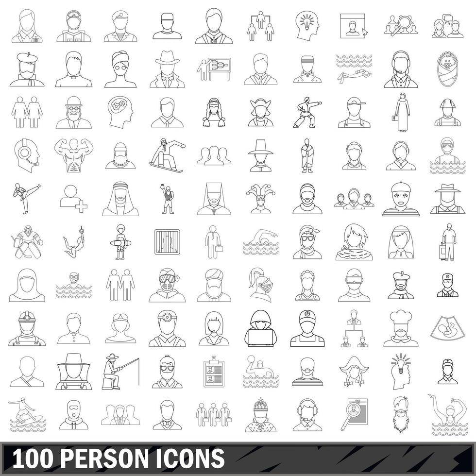 100 person icons set, outline style vector