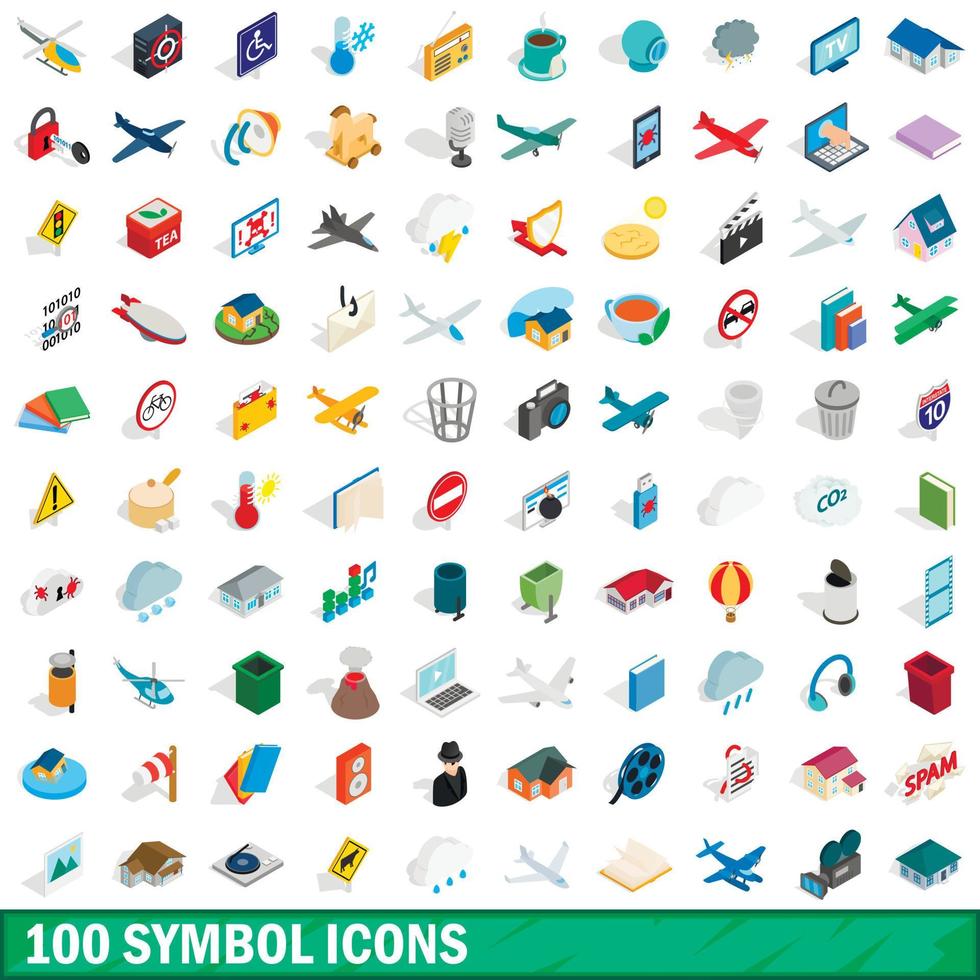 100 iconos de símbolos establecidos, estilo 3D isométrico vector