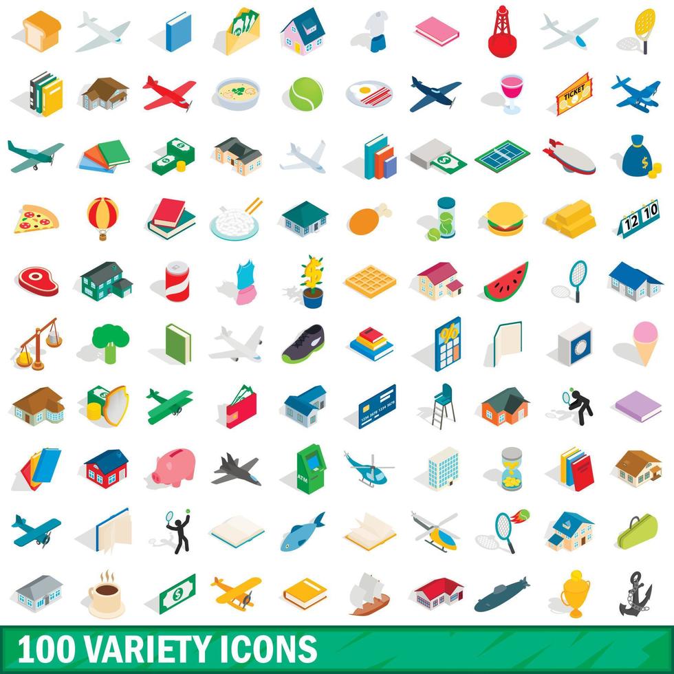 100 variety icons set, isometric 3d style vector