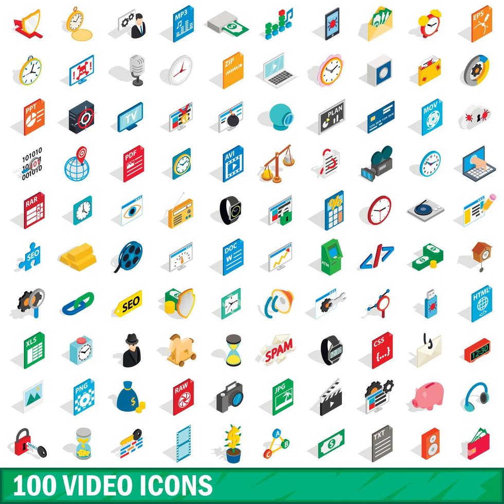 100 video icons set, isometric 3d style vector