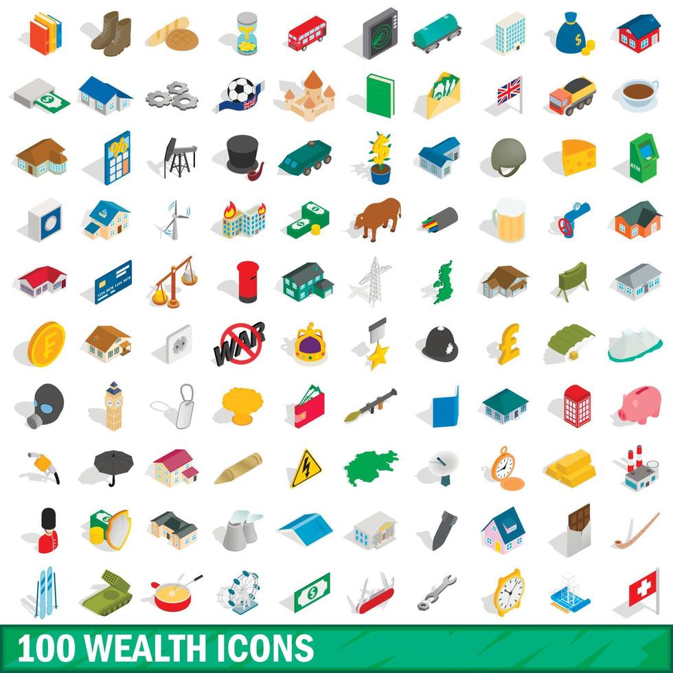 100 wealth icons set, isometric 3d style vector